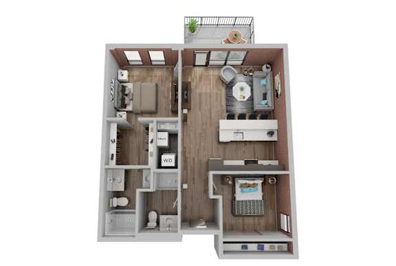 A 3D floor plan of a house with a kitchen, living room, and bathroom.