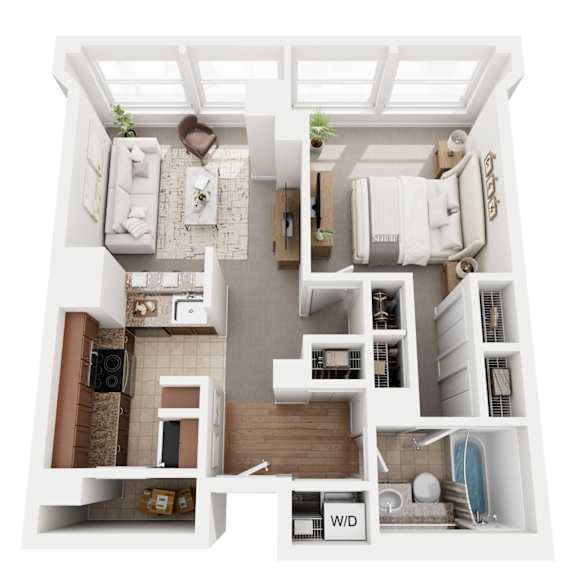 A 3D floor plan of a small apartment with a kitchen, living room, and bedrooms.