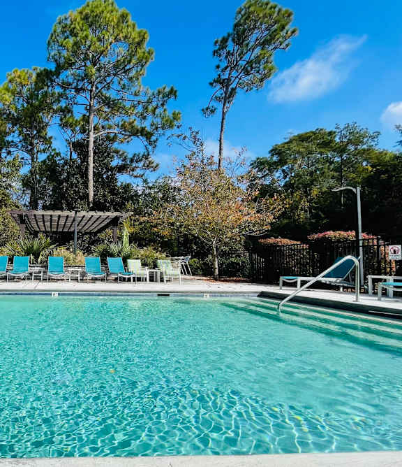 A large swimming pool surrounded by trees and lounge chairs.