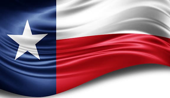 The image shows a flag with a white star on a blue vertical stripe, flanked by red and white horizontal stripes.