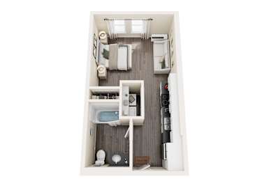 Floor Plan  A small bathroom with a toilet, sink, and bathtub.