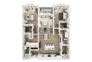 A 3D floor plan of a small apartment with a kitchen, living room, and two bedrooms.