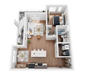 A 3D floor plan of a small apartment with a kitchen, living room, and bathroom.