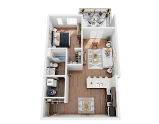 A 3D floor plan of a small apartment with a kitchen, living room, and bedrooms.