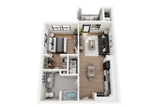 A 3D floor plan of a small apartment with a living room, kitchen, and bedroom.
