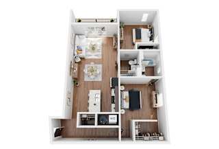 A 3D floor plan of a small apartment with a kitchen, living room, and bedroom.