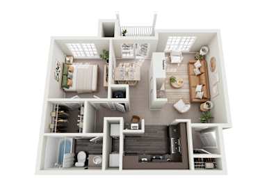 A 3D floor plan of an apartment with a living room, kitchen, and bathroom.