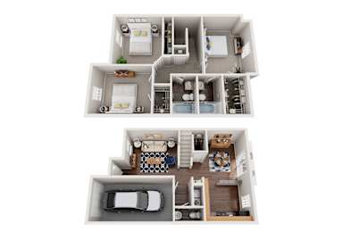 Floor Plan  A 3D floor plan of a house with two bedrooms, a living room, a kitchen, and a garage.