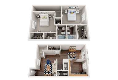 Floor Plan  A 3D floor plan of a house with a kitchen, living room, and bathrooms.