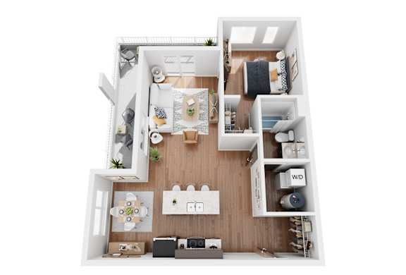 Floor Plan  A 3D floor plan of a small apartment with a kitchen, living room, and bathroom.