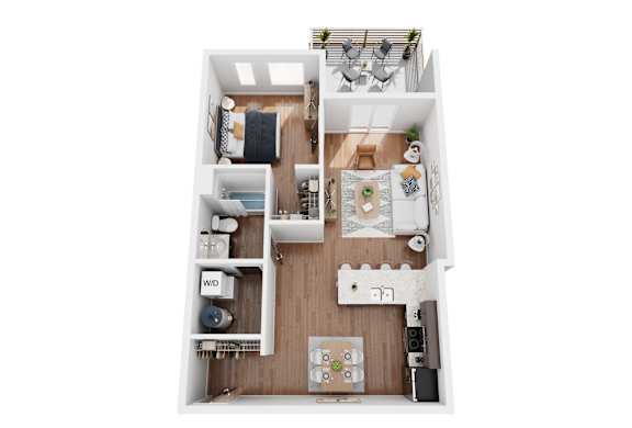 Floor Plan  A 3D floor plan of a small apartment with a kitchen, living room, and bedrooms.