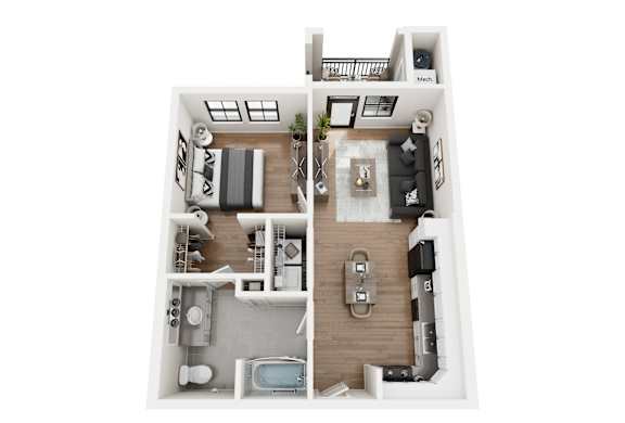 A 3D floor plan of a small apartment with a living room, kitchen, and bedroom.