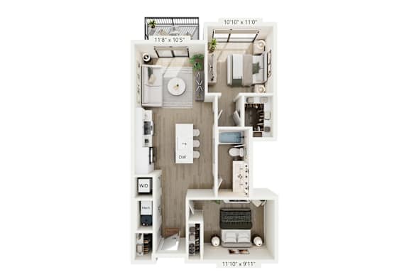 A 3D floor plan of a small apartment with a kitchen, living room, and bathroom.