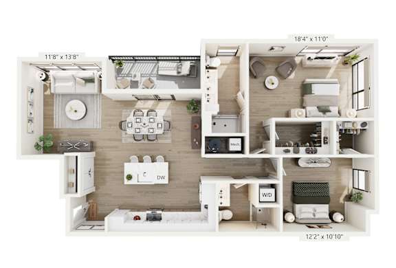 A 3D floor plan of a small apartment with a kitchen, living room, and bathroom.