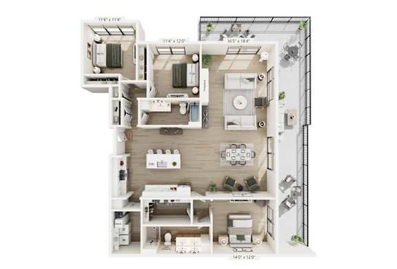 A floor plan of a house with a kitchen, living room, and two bedrooms.