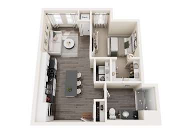 Floor Plan  A 3D floor plan of a house with a kitchen, living room, and bathroom.