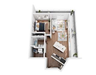A 3D floor plan of a small apartment with a kitchen, living room, and bathroom.