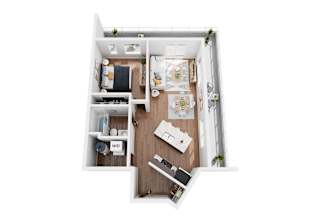 A 3D floor plan of a small apartment with a kitchen, living room, and bathroom.
