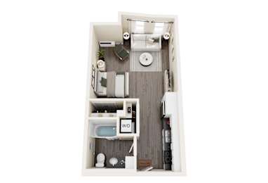 Floor Plan  A 3D floor plan of a small apartment with a kitchen, living room, and bathroom.