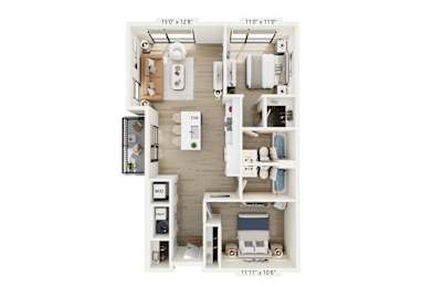 A 3D floor plan of a small apartment with a kitchen, living room, and bathroom.