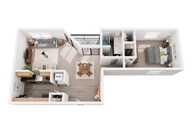 A floor plan of a house with a kitchen, living room, and bedrooms.