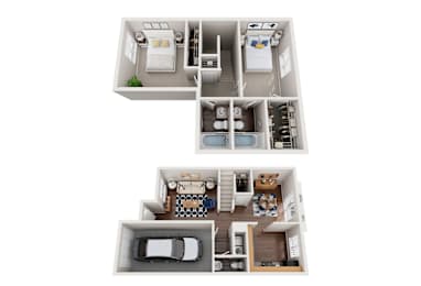 Floor Plan  A 3D floor plan of a house with a kitchen, living room, and two bedrooms.