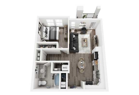 Floor Plan  A floor plan of a small apartment with a kitchen, living room, and bathroom.