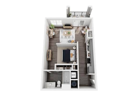 A 3D floor plan of a small apartment with a kitchen, living room, and bathroom.