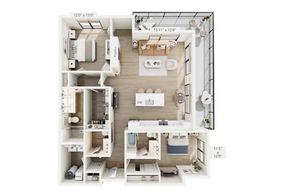 A 3D floor plan of a small apartment with a kitchen, living room, and two bedrooms.