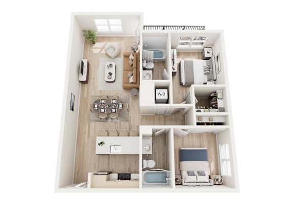 A 3D floor plan of a small apartment with a kitchen, living room, and bathroom.