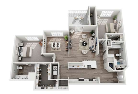 A 3D floor plan of a house with a kitchen, living room, and bedrooms.