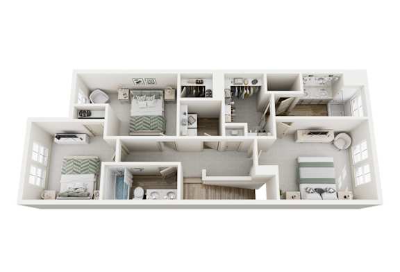 A 3D floor plan of a house with multiple rooms.