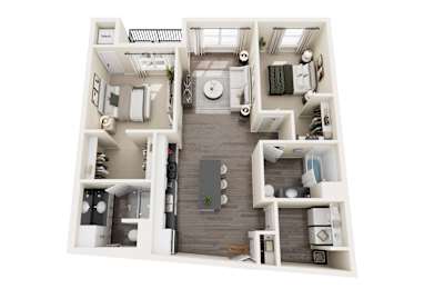 Floor Plan  A 3D floor plan of a small apartment with a kitchen, living room, and bedroom.
