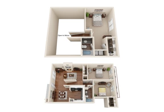 a stylized floor plan of a 1 bedroom apartment