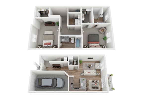 a stylized floor plan of a 2 bedroom apartment