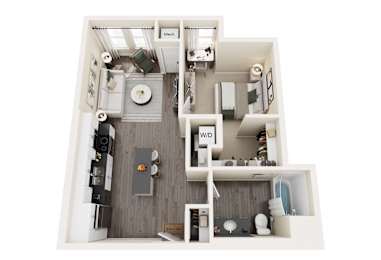 Floor Plan  A 3D floor plan of a small apartment with a kitchen, living room, and bathroom.