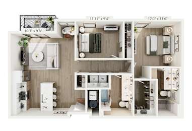 A 3D floor plan of a small apartment with a kitchen, living room, and bathroom.