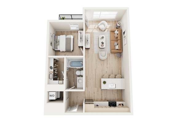 Floor Plan  A 3D floor plan of a small apartment with a kitchen, living room, and bathroom.
