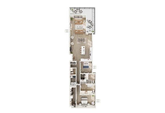 A floor plan of a house with a kitchen, living room, and three bedrooms.