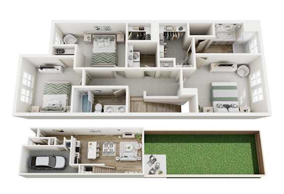 A 3D floor plan of a house with multiple rooms and furniture.