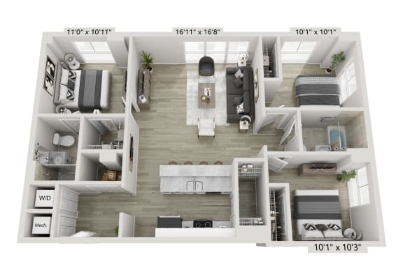 Floor Plan  a 1 bedroom floorplan is shown in this rendering