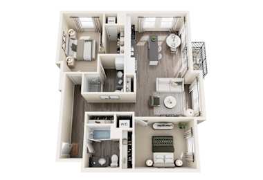 Floor Plan  A 3D floor plan of a house with labeled rooms.