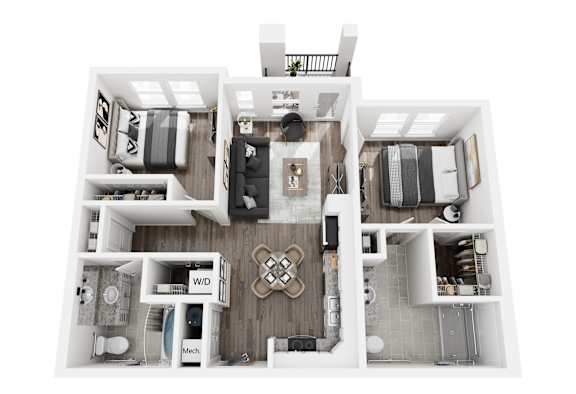 Floor Plan  A 3D floor plan of a house with a kitchen, living room, and bathrooms.