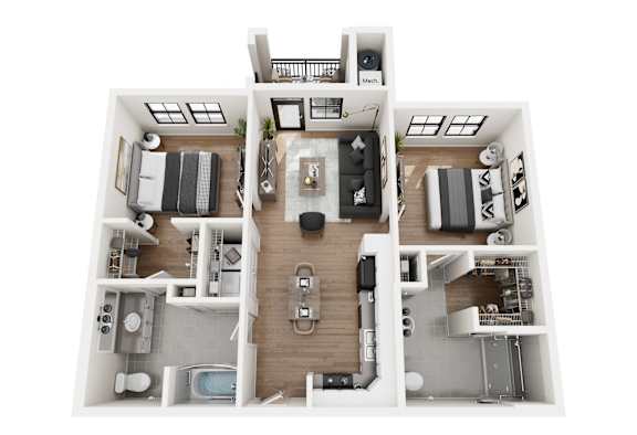 A 3D floor plan of a house with a kitchen, living room, and two bedrooms.