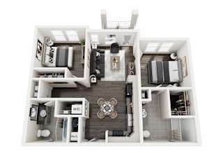 A 3D floor plan of a house with a living room, dining room, kitchen, and bathrooms.