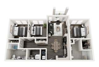 A 3D floor plan of a house with labeled rooms.
