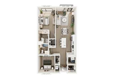 A 3D floor plan of a small apartment with a kitchen, living room, and bathroom.