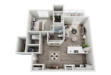 A 3D floor plan of a house with a kitchen, living room, and bedrooms.