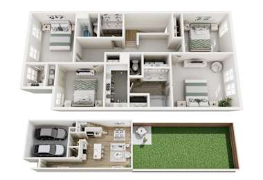 A diagram of a house layout with a kitchen, living room, and bedrooms.