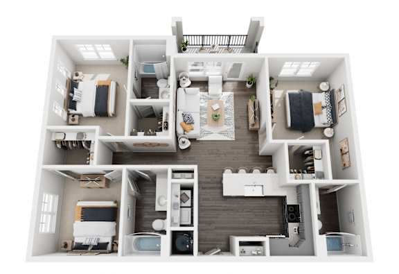 A 3D floor plan of a house with multiple rooms.
